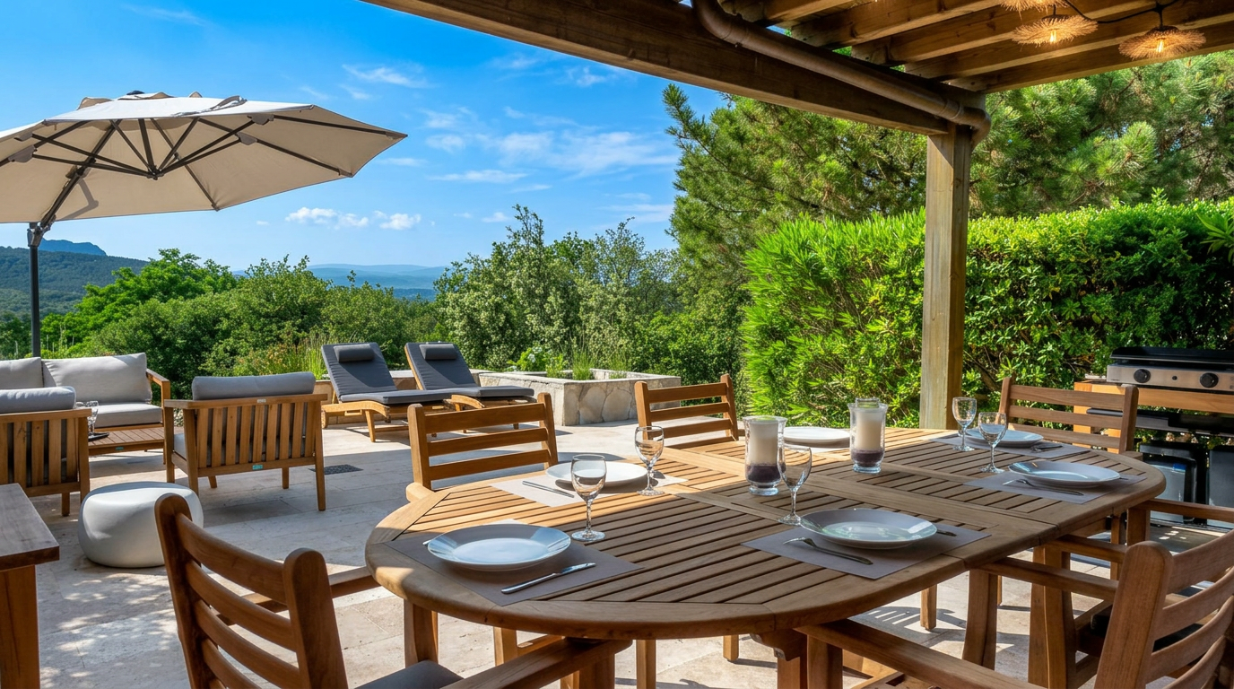 Terras van Villa Grand Bonheur in de zon aan de Côte d'Azur